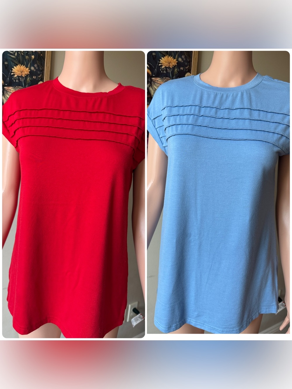 Red Pleated Yoke Short Sleeve Women's Top